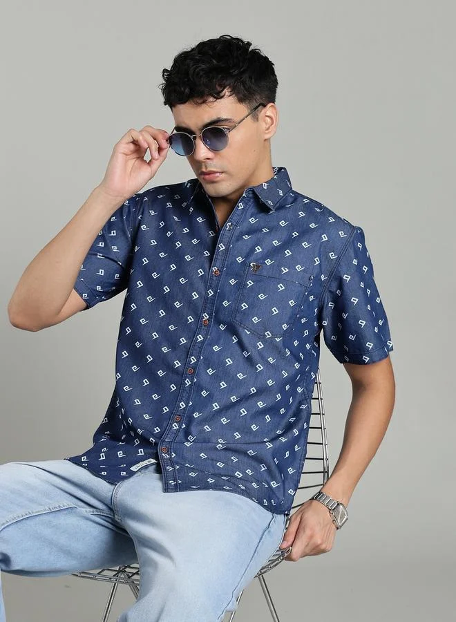 Kuons Avenue  Men Blue Geometric Print Denim Shirt for Men | Best Price UAE